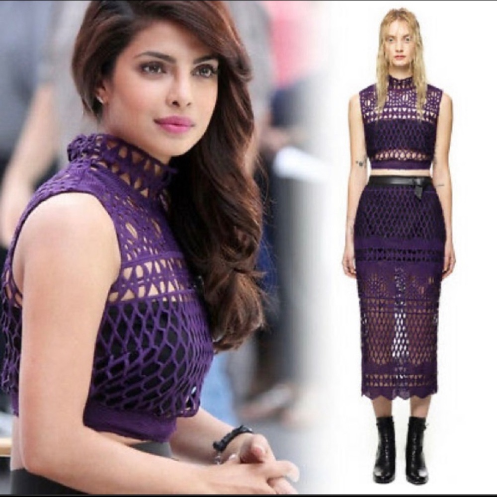 Self Portrait purple black lace crop top skirt set